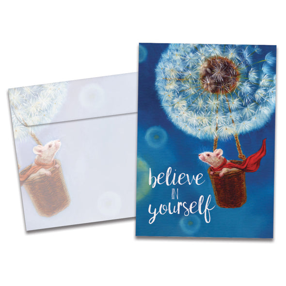 The cover of Tree-Free's Believe Mouse card, along with its matching envelope.