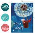 Load image into Gallery viewer, The cover of Tree-Free’s Believe Mouse card with lines demonstrating its 5x7 dimensions, along with the following text: “100% PCW recycled paper, proudly made in the USA, sustainably printed on extra-thick card stock”
