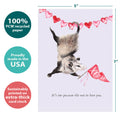 Load image into Gallery viewer, The cover of Tree-Free’s Possum Love card with lines demonstrating its 5x7 dimensions, along with the following text: “100% PCW recycled paper, proudly made in the USA, sustainably printed on extra-thick card stock”
