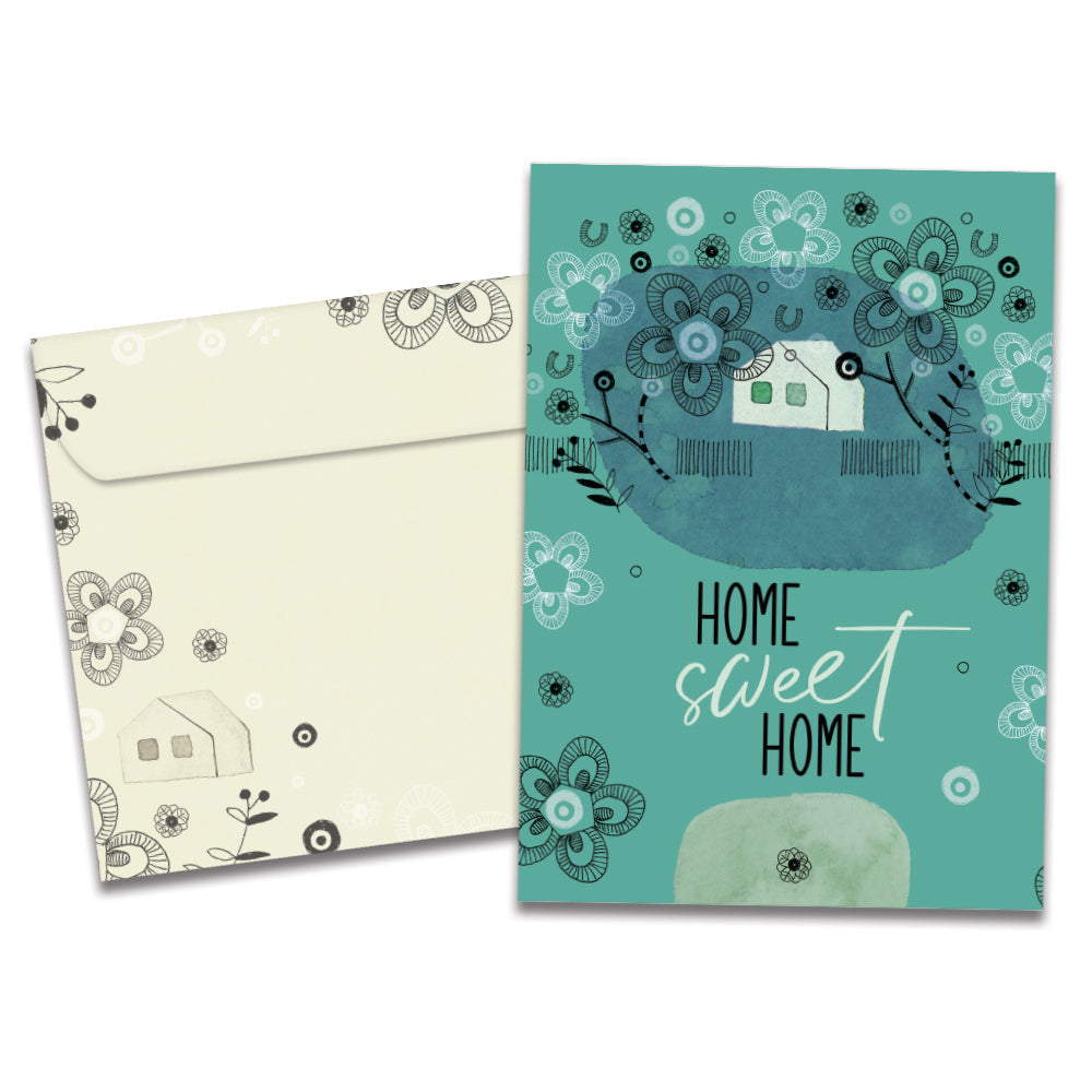 The cover of Tree-Free's Home Sweet Home card, along with its matching envelope.