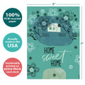 Load image into Gallery viewer, The cover of Tree-Free’s Home Sweet Home card with lines demonstrating its 5x7 dimensions, along with the following text: “100% PCW recycled paper, proudly made in the USA, sustainably printed on extra-thick card stock”

