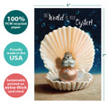 Load image into Gallery viewer, The cover of Tree-Free’s The World Is Your Oyster card with lines demonstrating its 5x7 dimensions, along with the following text: “100% PCW recycled paper, proudly made in the USA, sustainably printed on extra-thick card stock”
