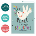 Load image into Gallery viewer, The cover of Tree-Free’s Beautiful Peace card with lines demonstrating its 5x7 dimensions, along with the following text: “100% PCW recycled paper, proudly made in the USA, sustainably printed on extra-thick card stock”
