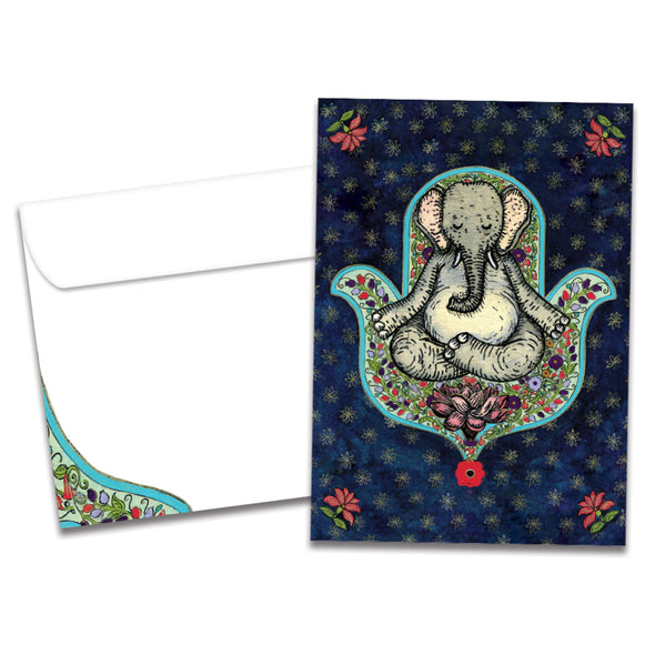 The cover of Tree-Free's Meditating Elephant card, along with its matching envelope.
