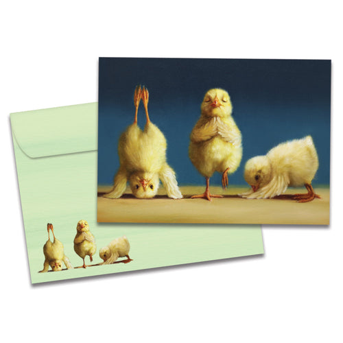 Cover of Yoga Chicks All Occasion card (featuring artwork of baby chickens doing various yoga poses) and its matching envelope