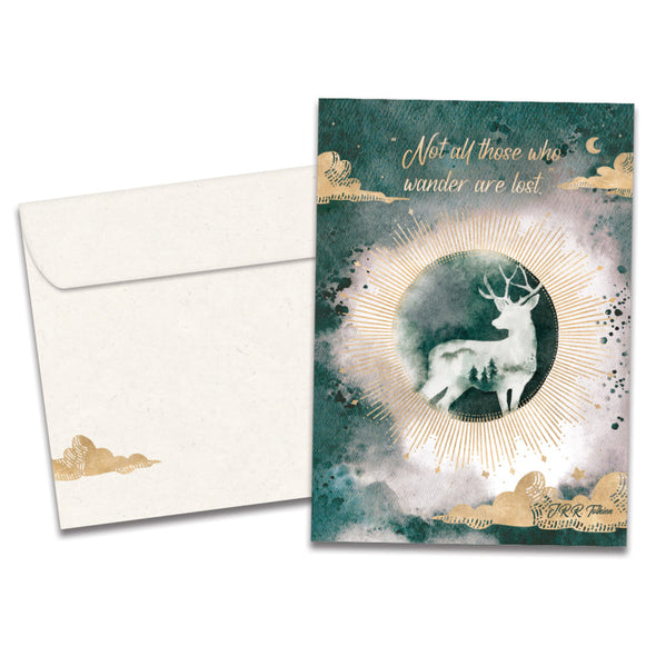 The cover of Tree-Free's Not All Who Wander card, along with its matching envelope.