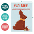 Load image into Gallery viewer, The cover of Tree-Free’s Largest Bunny Fun Fact card with lines demonstrating its 5x7 dimensions, along with the following text: “100% PCW recycled paper, proudly made in the USA, sustainably printed on extra-thick card stock”

