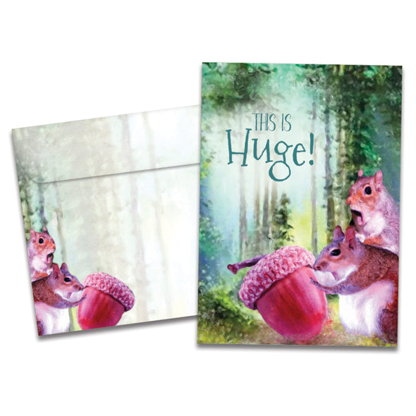The cover of Tree-Free's Huge Acorn card, along with its matching envelope.