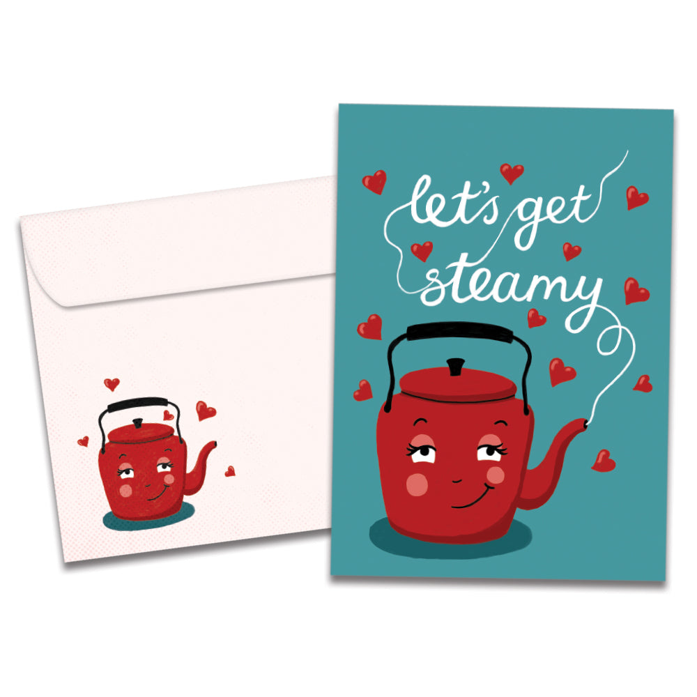 The cover of Tree-Free's Let's Get Steamy card, along with its matching envelope.