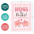 Load image into Gallery viewer, The cover of Tree-Free’s Hogs and Kisses card with lines demonstrating its 5x7 dimensions, along with the following text: “100% PCW recycled paper, proudly made in the USA, sustainably printed on extra-thick card stock”
