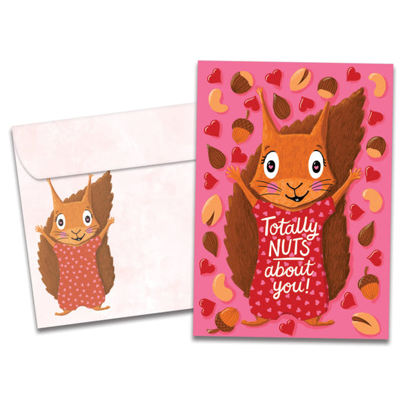 The cover of Tree-Free's Squirrel Nuts card, along with its matching envelope.