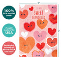 Load image into Gallery viewer, The cover of Tree-Free’s Happy Hearts card with lines demonstrating its 5x7 dimensions, along with the following text: “100% PCW recycled paper, proudly made in the USA, sustainably printed on extra-thick card stock”
