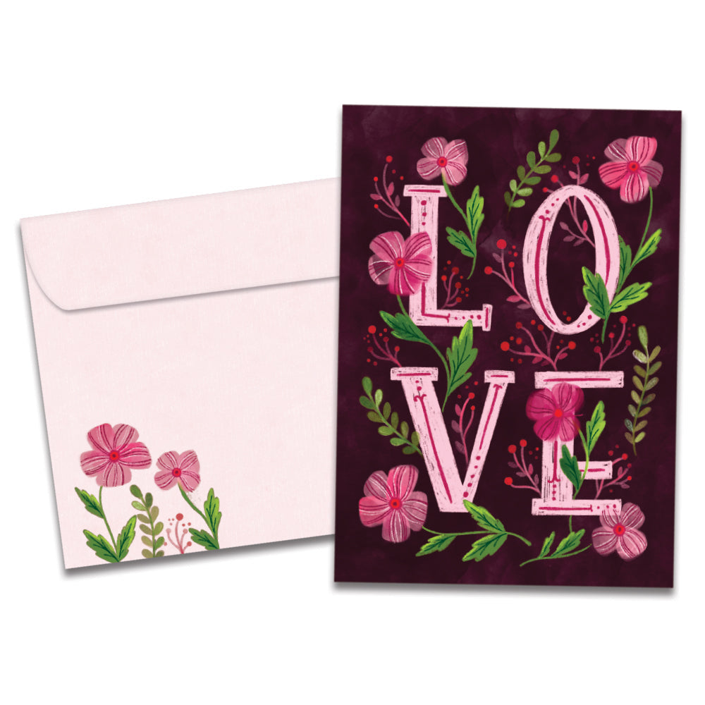 The cover of Tree-Free's Love Flowers card, along with its matching envelope.
