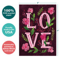 Load image into Gallery viewer, The cover of Tree-Free’s Love Flowers card with lines demonstrating its 5x7 dimensions, along with the following text: “100% PCW recycled paper, proudly made in the USA, sustainably printed on extra-thick card stock”
