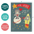 Load image into Gallery viewer, The cover of Tree-Free’s Beary Much World card with lines demonstrating its 5x7 dimensions, along with the following text: “100% PCW recycled paper, proudly made in the USA, sustainably printed on extra-thick card stock”
