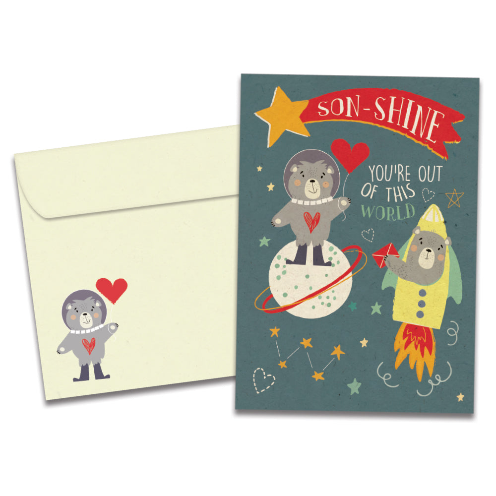The cover of Tree-Free's Beary Much World card, along with its matching envelope.