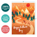 Load image into Gallery viewer, The cover of Tree-Free’s Bike Adventure card with lines demonstrating its 5x7 dimensions, along with the following text: “100% PCW recycled paper, proudly made in the USA, sustainably printed on extra-thick card stock”
