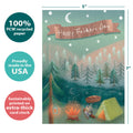 Load image into Gallery viewer, The cover of Tree-Free’s Grateful Camping card with lines demonstrating its 5x7 dimensions, along with the following text: “100% PCW recycled paper, proudly made in the USA, sustainably printed on extra-thick card stock”
