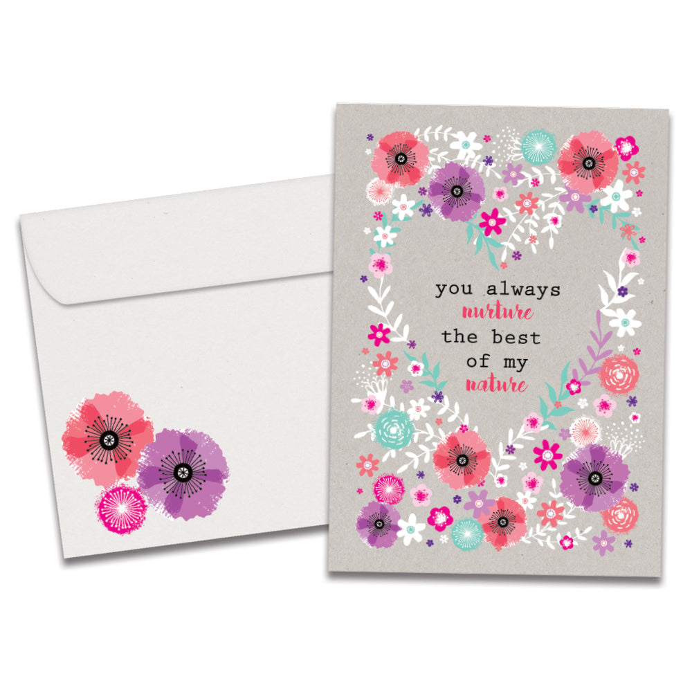 The cover of Tree-Free's Nurture and Nature card, along with its matching envelope.