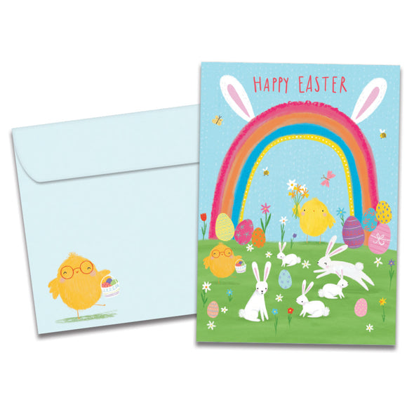 The cover of Tree-Free's Rainbow Bunnies card, along with its matching envelope.
