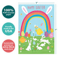 Load image into Gallery viewer, The cover of Tree-Free’s Rainbow Bunnies card with lines demonstrating its 5x7 dimensions, along with the following text: “100% PCW recycled paper, proudly made in the USA, sustainably printed on extra-thick card stock”
