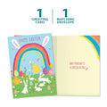 Load image into Gallery viewer, The cover and inside of Tree-Free’s Rainbow Bunnies card, along with the following text: “1 greeting card, 1 matching envelope”
