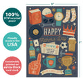 Load image into Gallery viewer, The cover of Tree-Free’s Top Pop card with lines demonstrating its 5x7 dimensions, along with the following text: “100% PCW recycled paper, proudly made in the USA, sustainably printed on extra-thick card stock”
