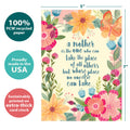 Load image into Gallery viewer, The cover of Tree-Free’s Irreplaceable Flowers card with lines demonstrating its 5x7 dimensions, along with the following text: “100% PCW recycled paper, proudly made in the USA, sustainably printed on extra-thick card stock”
