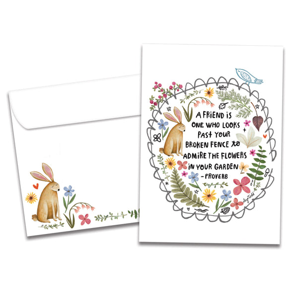 The cover of Tree-Free's Fence and Garden card, along with its matching envelope.