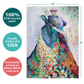 Load image into Gallery viewer, The cover of Tree-Free’s Bear and Peacock card with lines demonstrating its 5x7 dimensions, along with the following text: “100% PCW recycled paper, proudly made in the USA, sustainably printed on extra-thick card stock”
