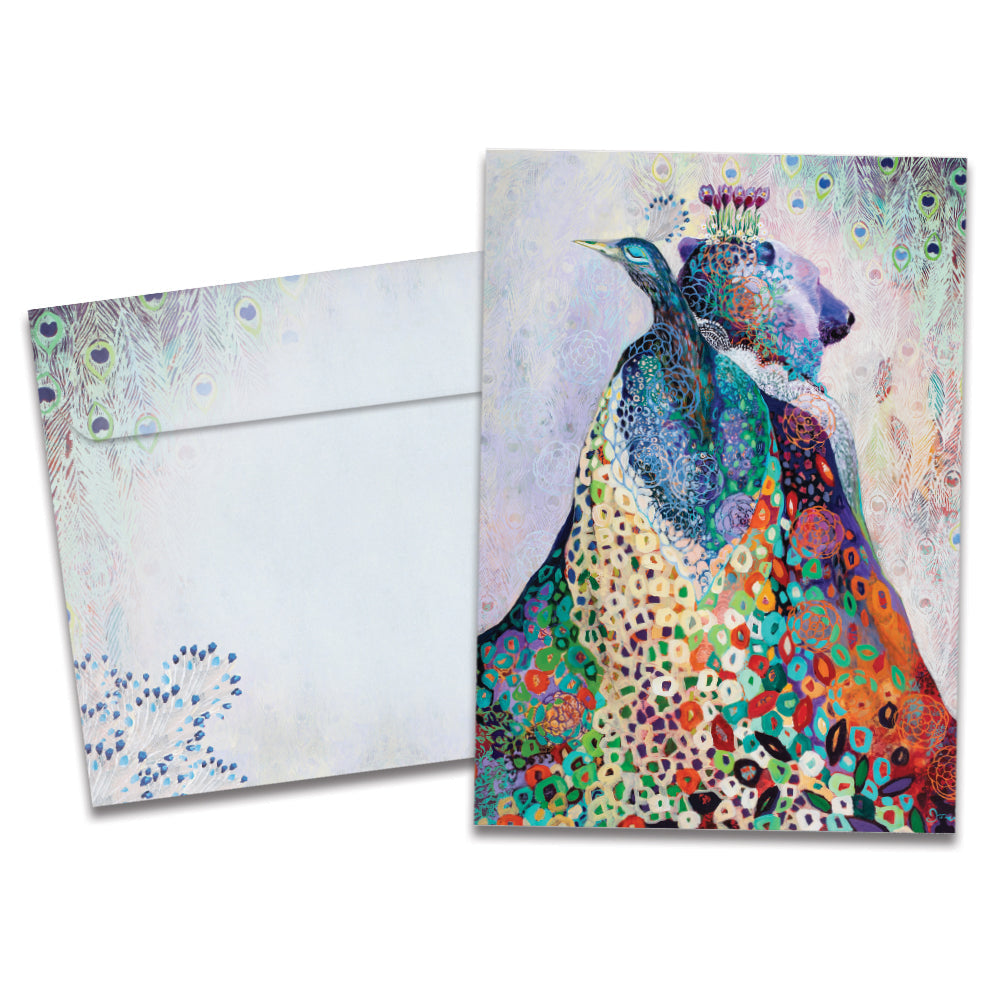 The cover of Tree-Free's Bear and Peacock card, along with its matching envelope.
