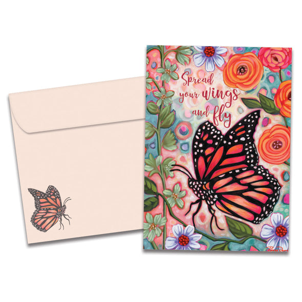 The cover of Tree-Free's Spread Your Wings card, along with its matching envelope.