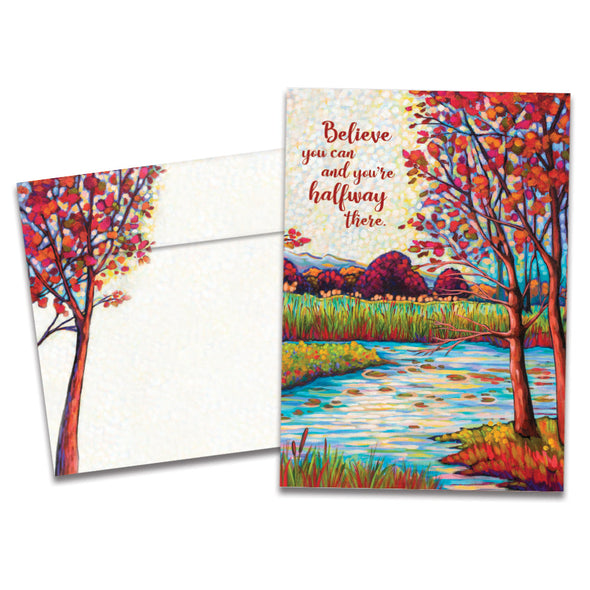 The cover of Tree-Free's Halfway There card, along with its matching envelope.