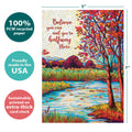 Load image into Gallery viewer, The cover of Tree-Free’s Halfway There card with lines demonstrating its 5x7 dimensions, along with the following text: “100% PCW recycled paper, proudly made in the USA, sustainably printed on extra-thick card stock”
