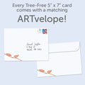 Load image into Gallery viewer, The envelope for Tree-Free’s Bird Celebration card, along with the following text: “Every Tree-Free 5x7 card comes with a matching ARTvelope!”
