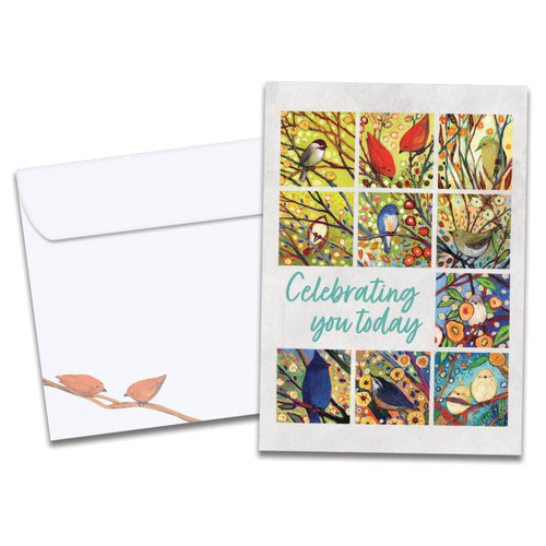 The cover of Tree-Free's Bird Celebration card, along with its matching envelope.