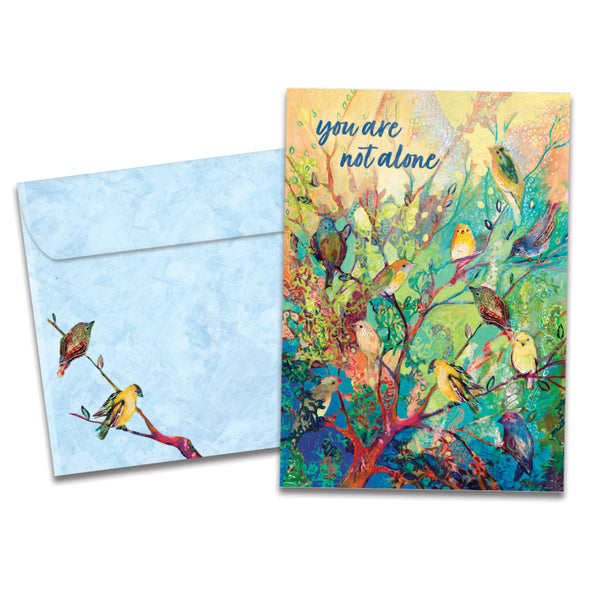 The cover of Tree-Free's Not Alone Birds card, along with its matching envelope.