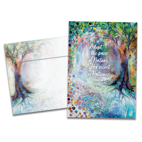 The cover of Tree-Free's Pace of Nature card, along with its matching envelope.