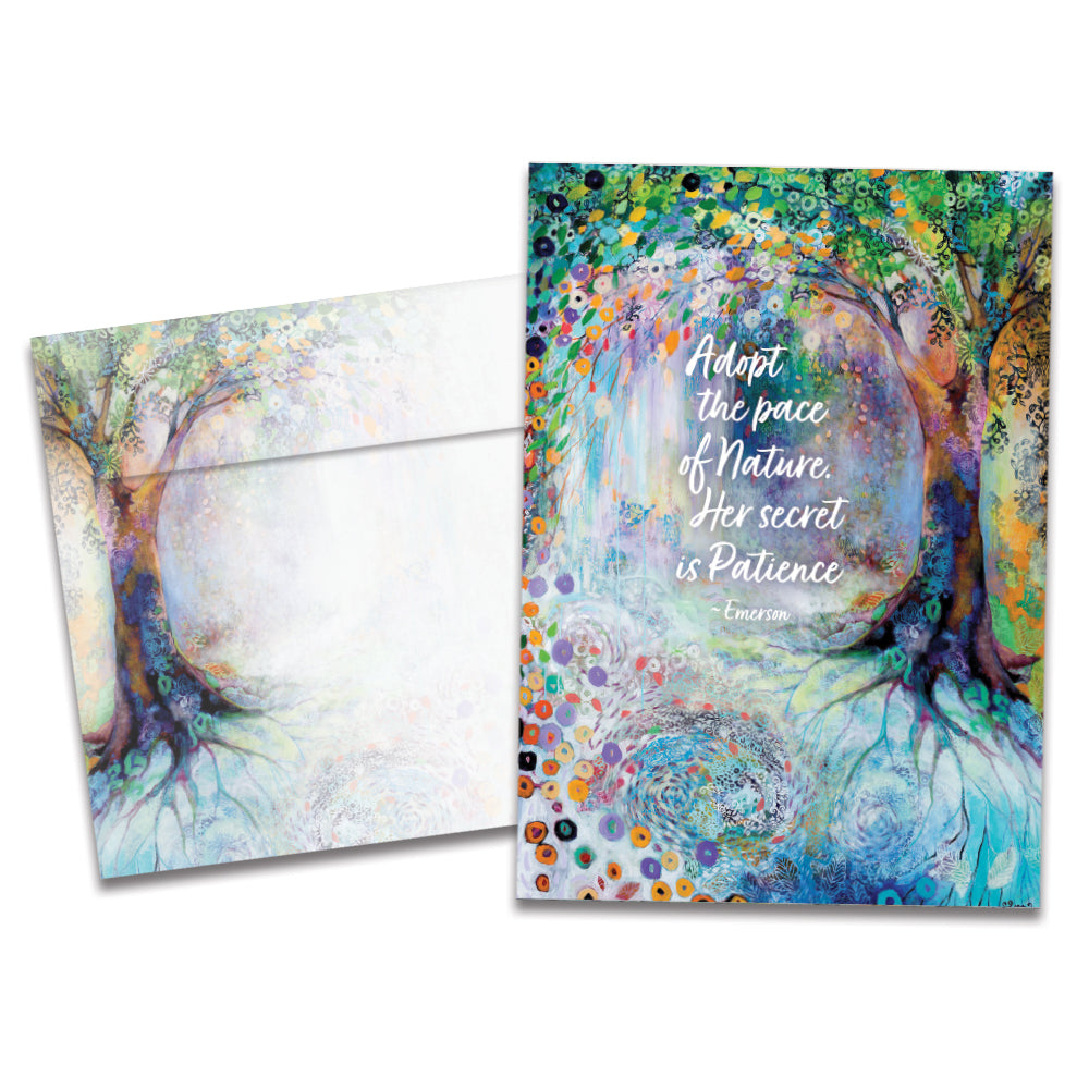The cover of Tree-Free's Pace of Nature card, along with its matching envelope.