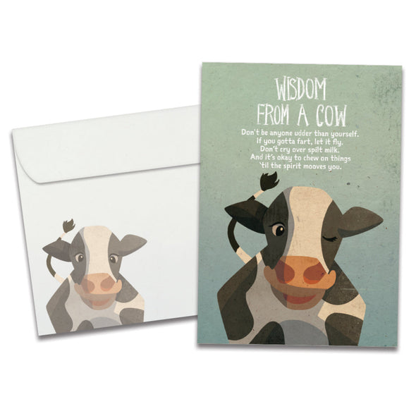The cover of Tree-Free's Wisdom from a Cow card, along with its matching envelope.
