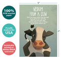 Load image into Gallery viewer, The cover of Tree-Free’s Wisdom from a Cow card with lines demonstrating its 5x7 dimensions, along with the following text: “100% PCW recycled paper, proudly made in the USA, sustainably printed on extra-thick card stock”
