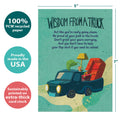 Load image into Gallery viewer, The cover of Tree-Free’s Wisdom from a Truck card with lines demonstrating its 5x7 dimensions, along with the following text: “100% PCW recycled paper, proudly made in the USA, sustainably printed on extra-thick card stock”
