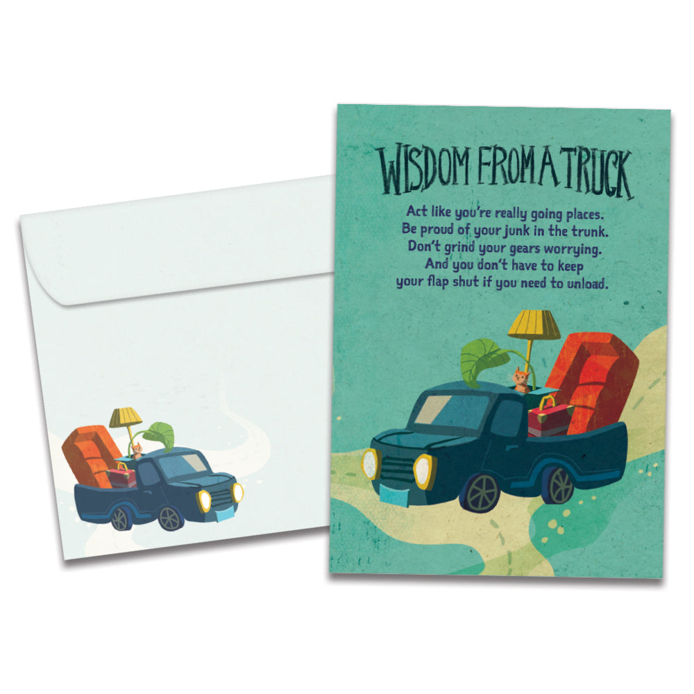 The cover of Tree-Free's Wisdom from a Truck card, along with its matching envelope.