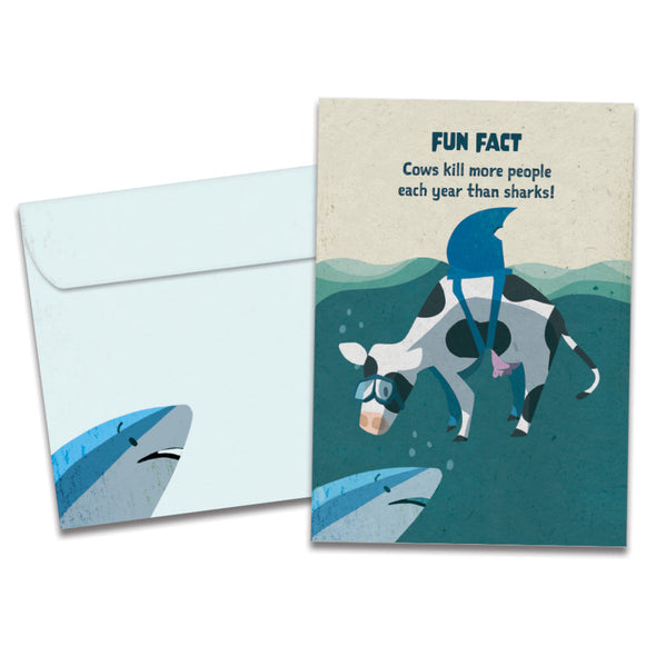 The cover of Tree-Free's Cow Shark Fun Fact card, along with its matching envelope.