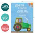 Load image into Gallery viewer, The cover of Tree-Free’s Wisdom from a Tractor card with lines demonstrating its 5x7 dimensions, along with the following text: “100% PCW recycled paper, proudly made in the USA, sustainably printed on extra-thick card stock”
