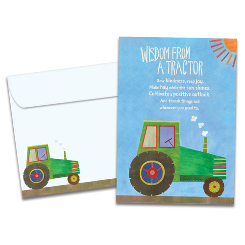 The cover of Tree-Free's Wisdom from a Tractor card, along with its matching envelope.