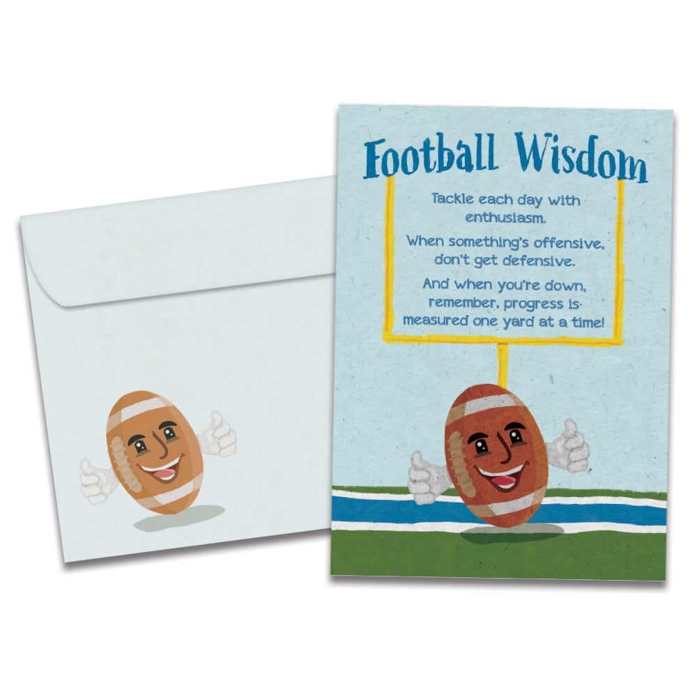 The cover of Tree-Free's Football Wisdom card, along with its matching envelope.