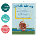 Load image into Gallery viewer, The cover of Tree-Free’s Football Wisdom card with lines demonstrating its 5x7 dimensions, along with the following text: “100% PCW recycled paper, proudly made in the USA, sustainably printed on extra-thick card stock”
