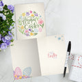 Load image into Gallery viewer, The inside of Tree-Free’s Spring Wreath card, with the cover and envelope in the background.

