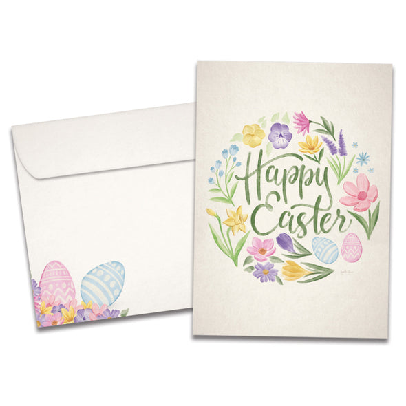 The cover of Tree-Free's Spring Wreath card, along with its matching envelope.